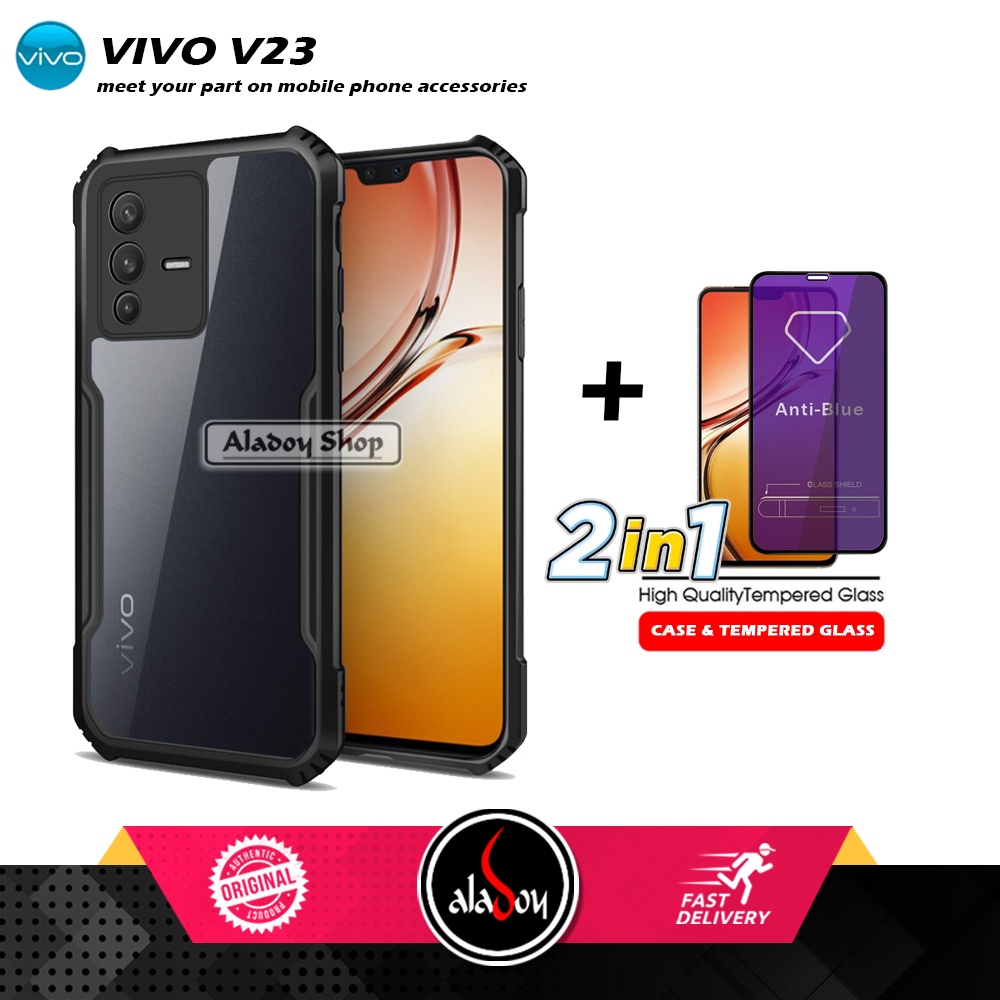 PAKET 2 IN 1 Case VIVO V23 Armor Fusion Transparent Prmium Casing Free Tempered Glass Blue Light