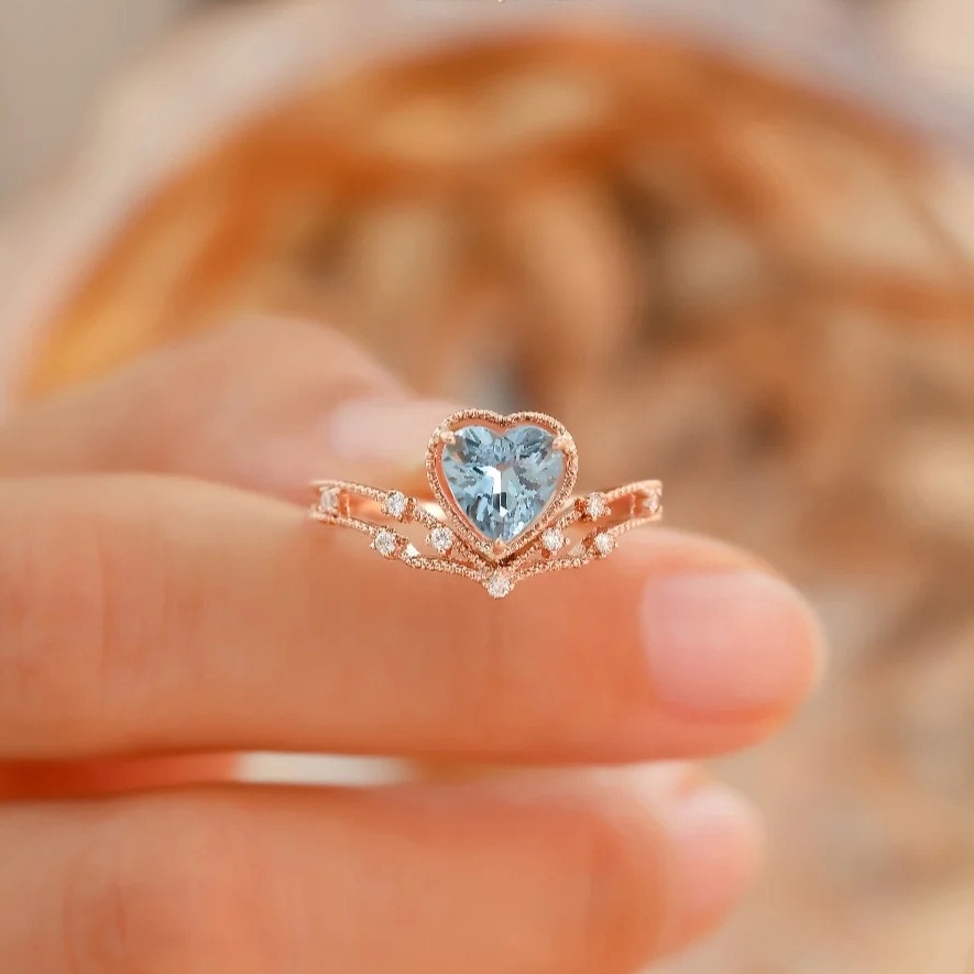 Cincin Silver S925 Hias Kristal Berlian Aquamarine Warna Rose Gold Untuk Wanita