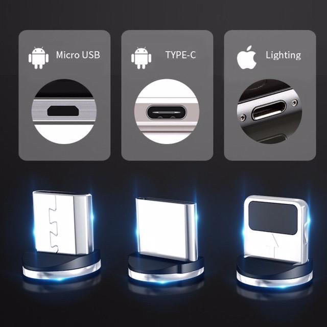 Kabel Data Magnet Led/ Charger Micro USB Magnetik Fast Charging untuk IOS/ANDROID 3 in1 LEd