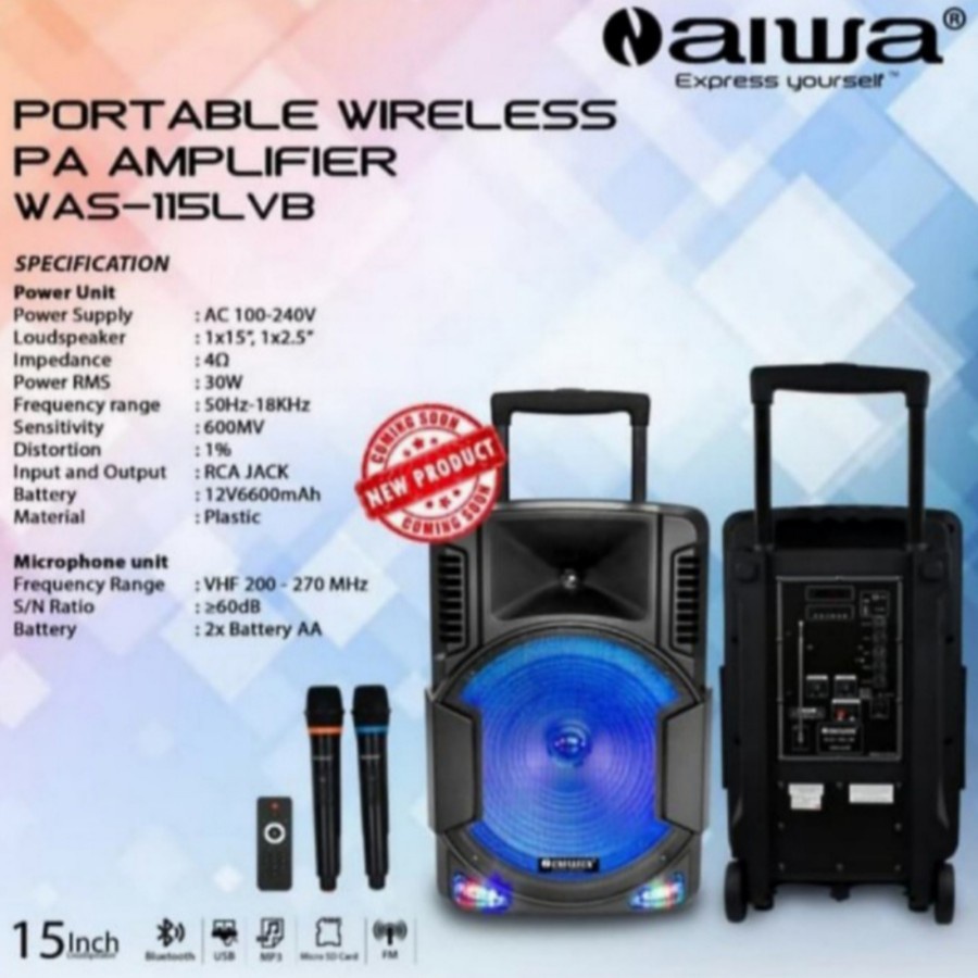 Speaker Portable Amplifier Wireless Aiwa WAS 115 LVB Bluetooth 15 inch