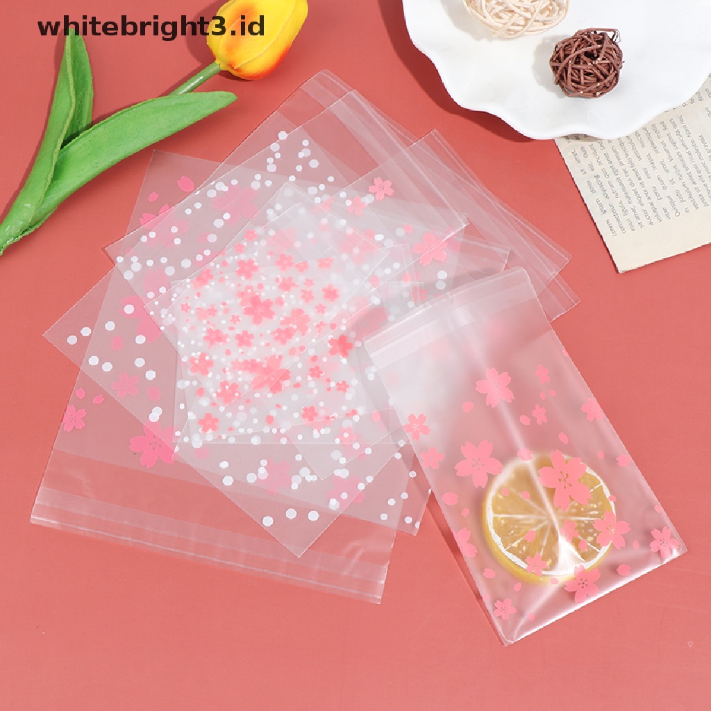 (whitebright3.id) 100pcs / Set Kantong Plastik Motif Bunga Sakura Untuk Tempat Permen / Kue