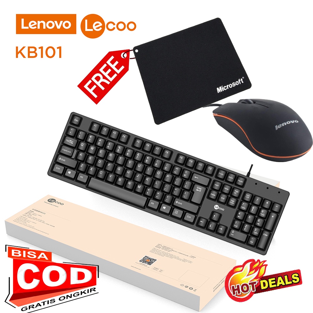 SALE!! Lenovo Lecoo Combo Keyboard + Mouse Wired + Mousepad, Mouse Lenovo M20 Optical USB, Lenovo Lecoo Keyboard Wired - KB101