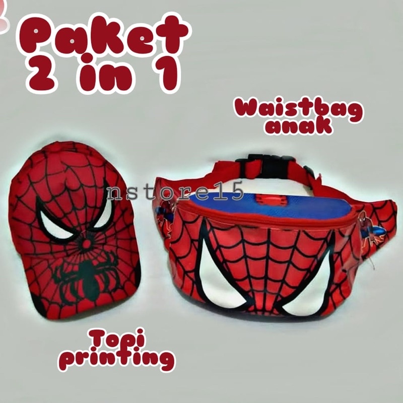 2 in 1 Waistbag Anak Motif SUPERHERO SPIDERMAN DAN TOPI SPIDERMAN