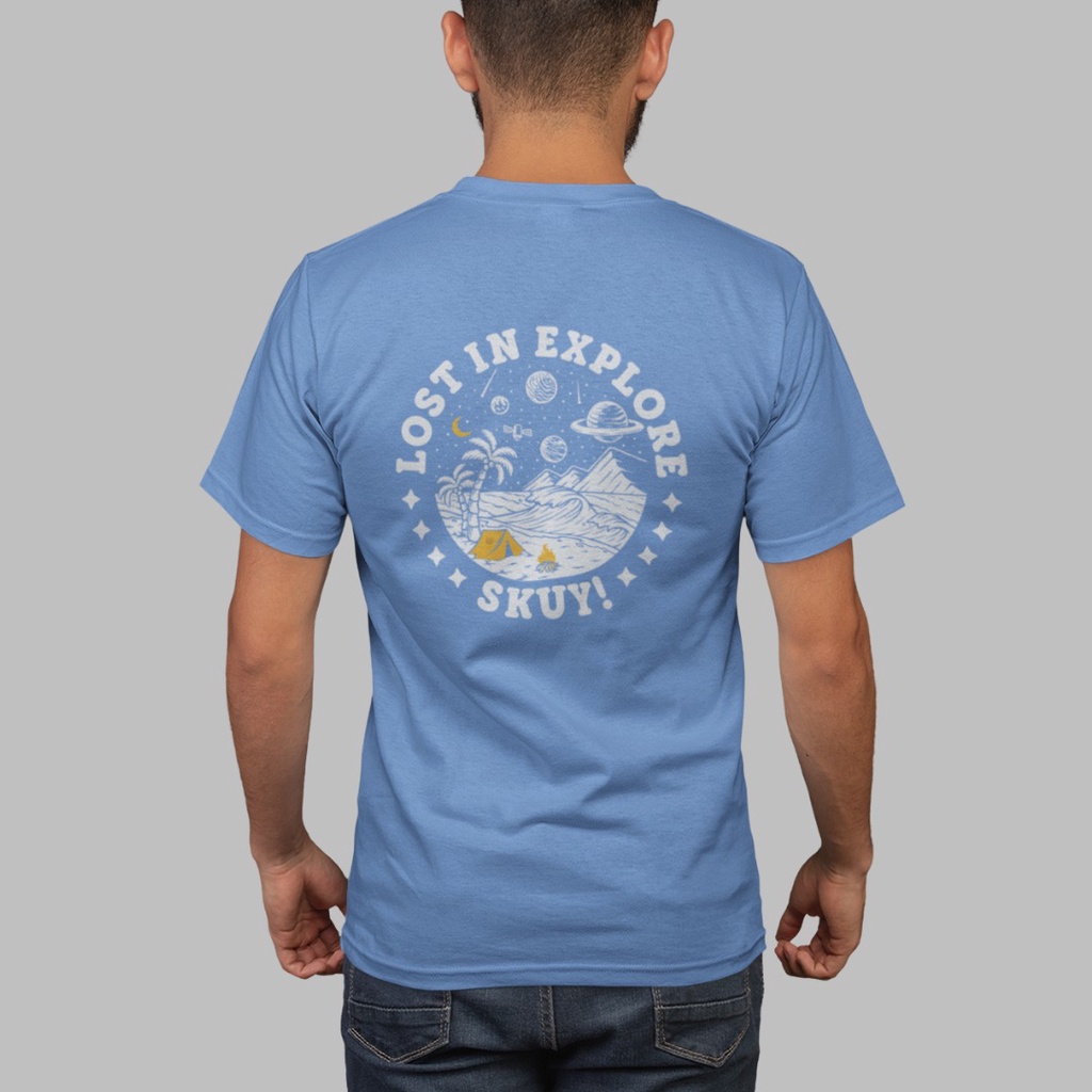 Skuy Kaos Dewasa Lost In Explore Unisex Lengan Pendek Biru Sedang Katun Combed 24s SKY02