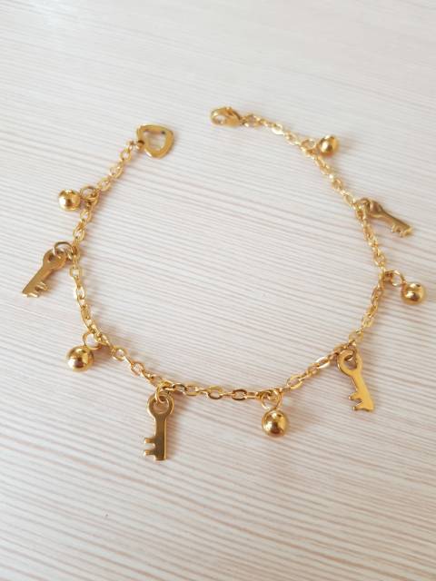 SET Gelang Tangan Kaki Key &amp; PadlockTitanium Gold Antikarat