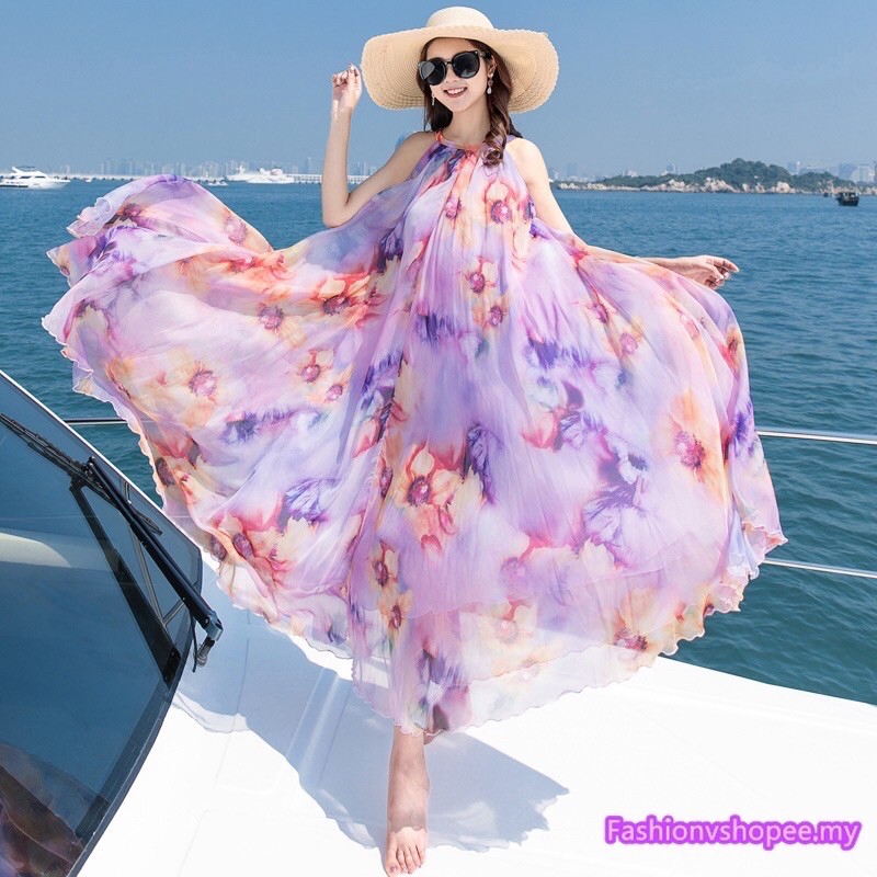 Gaun Maxi Wanita Pantai Pink Ungu