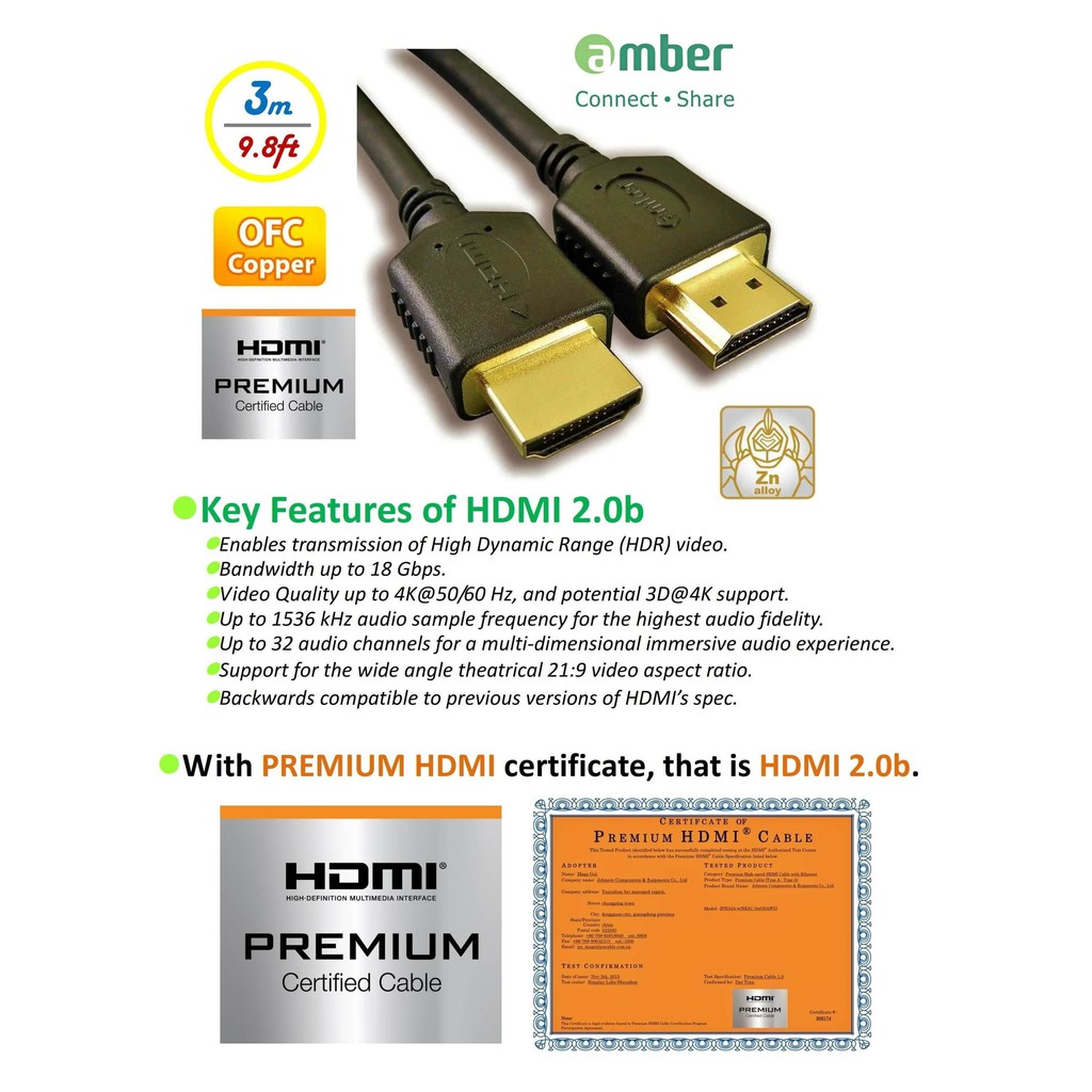 Amber HM2-AA130 - HDMI2.0b Premium 3D Ultra HD,HDMI A To A Cable 3M