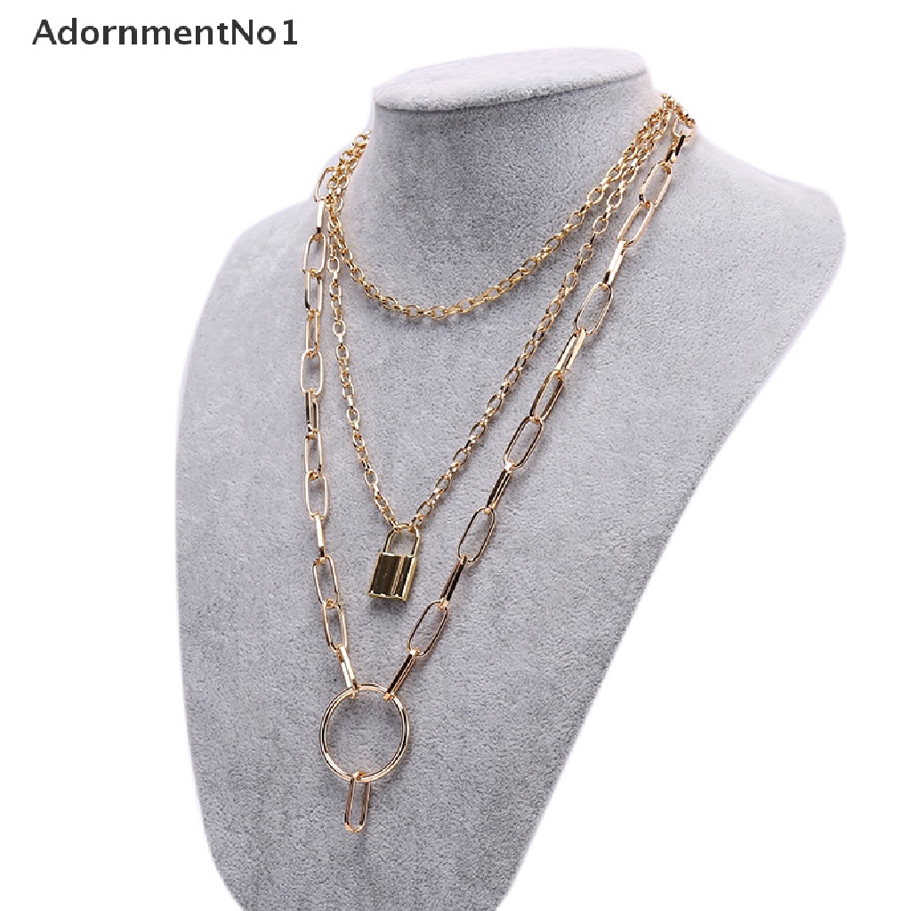 (AdornmentNo1) Kalung Rantai Banyak Lapis Dengan Liontin Gembok Bahan Alloy Gaya Punk Untuk Wanita