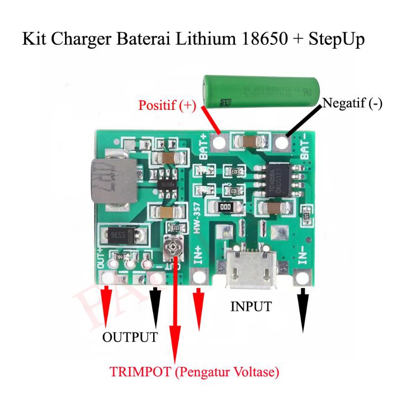 Kit Modul Charger Baterai Lithium 18650 Plus Stepup Dc