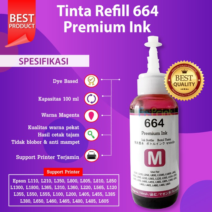 Paket 1 SET CMYK Tinta Premium 664 T664 Refill Pengganti Original Epson L120 L360 L550 L565 L1300