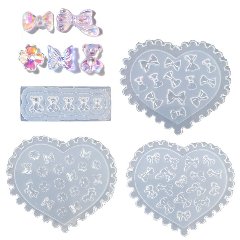 Glitter 4Pcs Flower Bowtie Bear Resin Mold Epoxy Resin Casting Mold DIY Nail Art Crafts