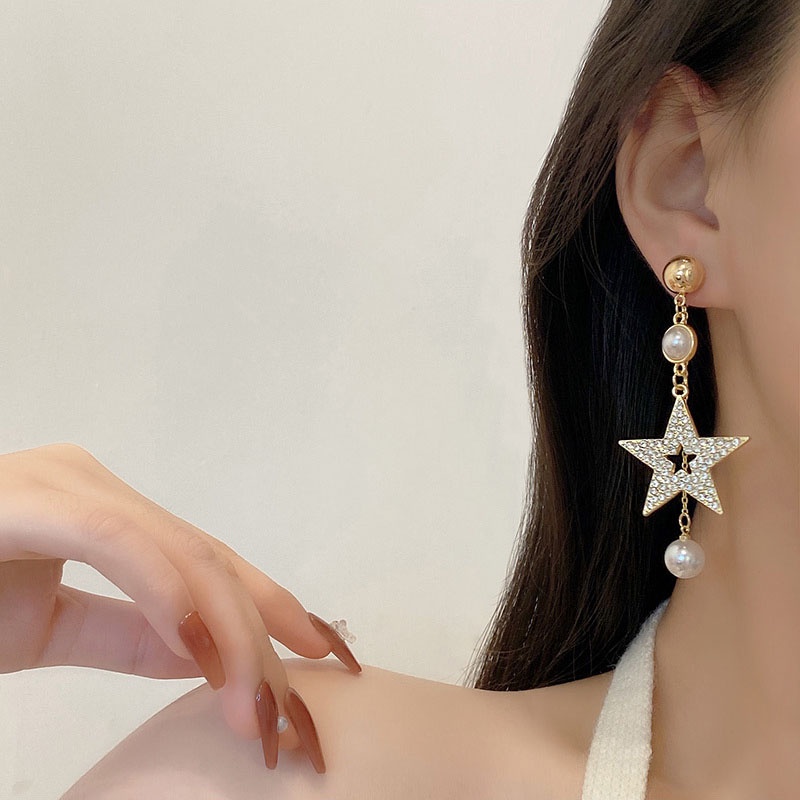 Anting S925 Silver Needle Model Rumbai Panjang Asimetris Aksen Mutiara Berlian
