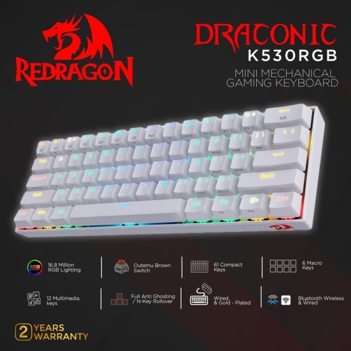 Keyboard Redragon Dual Mode Mechanical Gaming DRACONIC WHITE- K530WRGB