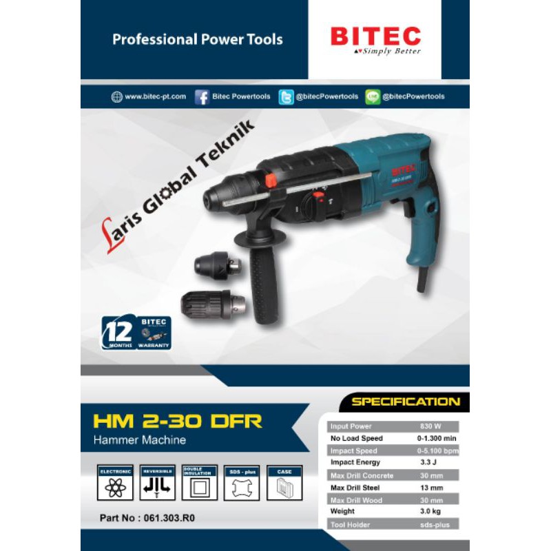 Mesin bor beton SDS plus BITEC HM2-30DFR Hammer drill