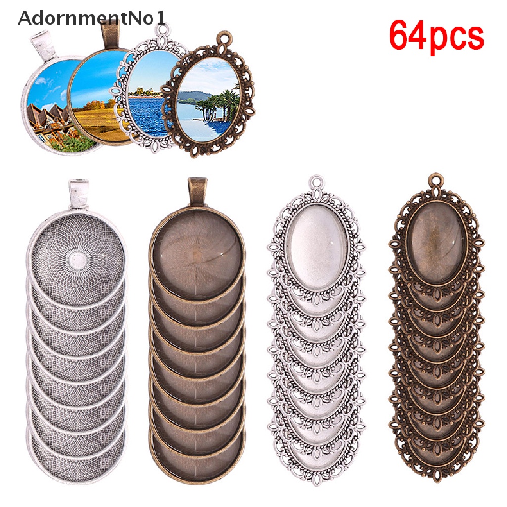 (AdornmentNo1) 64pcs / set Liontin Kaca Cabochon Bulat / Oval Untuk Membuat Perhiasan DIY