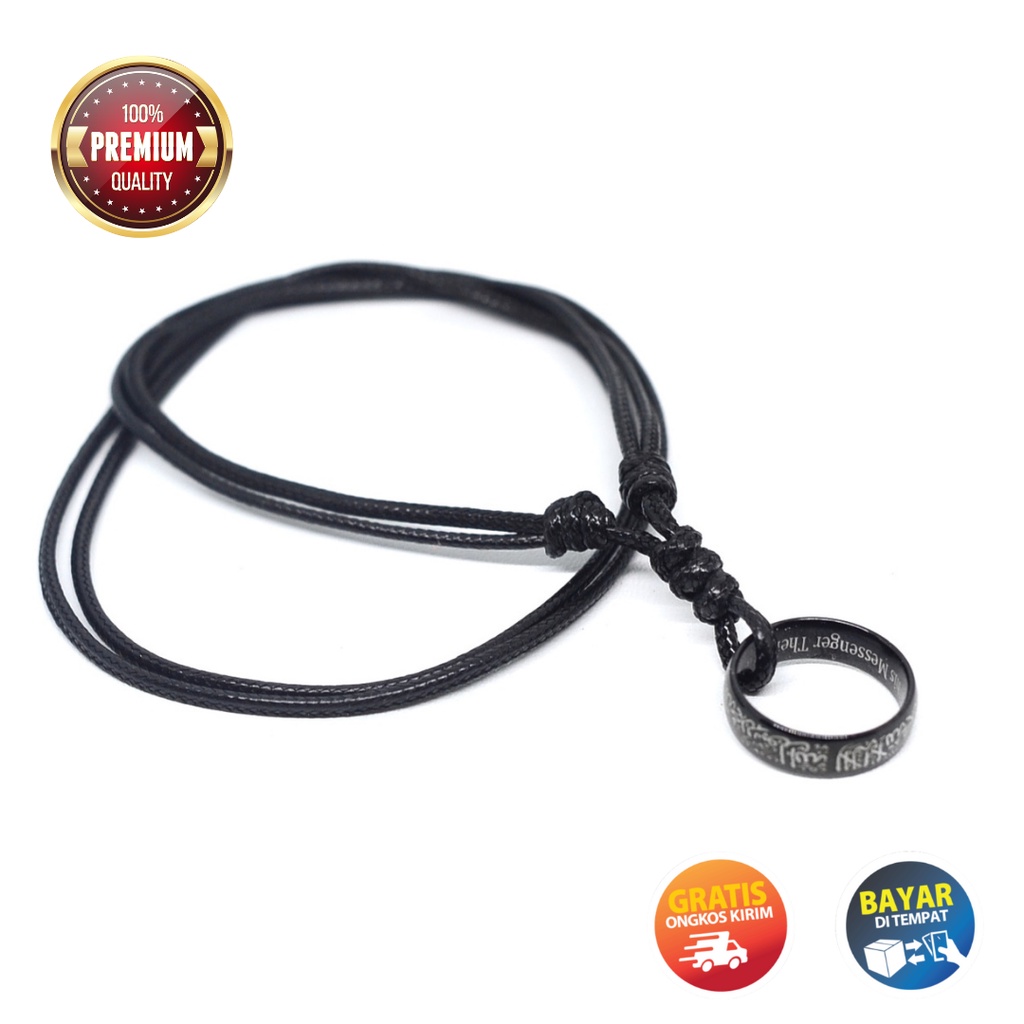 Kalung Pria Hitam Cowok Keren Titanium Liontin Cincin Ring Lafazdh Tauhid Tulisan Arab Anti Karat Luntur Adjustable