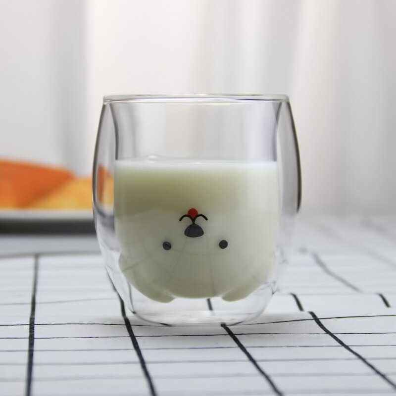 Gelas Kaca Unik Bening Lucu Aesthetic Murah Kekinian Double Wall Glass 250ml / Gelas Kopi Teh Susu-Beruang Transparan