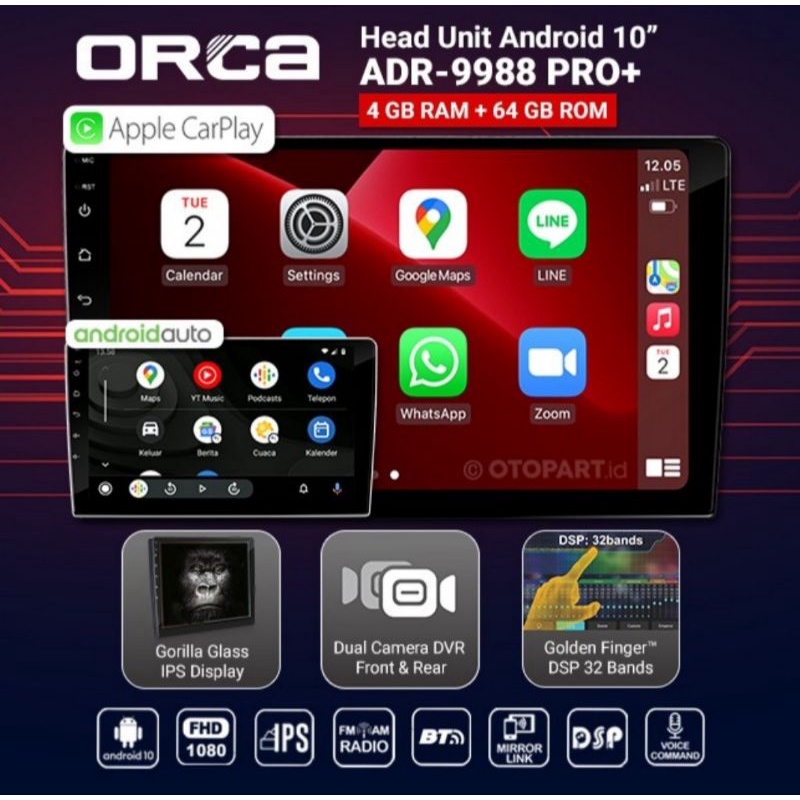 Head Unit Android ODYSSEY 10 inchi Ram 4 Gb Rom 64 Gb ANDROID ORCA ADR 9988 PRO+ CARPLAY HONDA ODYSSEY