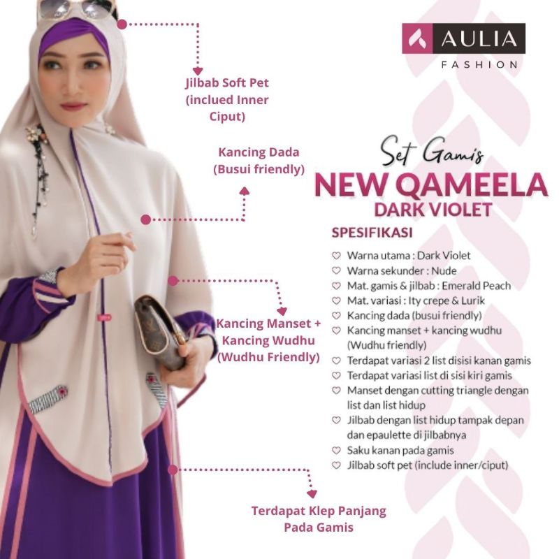 AULIA FASHION Set Gamis NEW QAMEELA DARK VIOLET New Busana Muslim Branded Original Bahan Emerald Pea