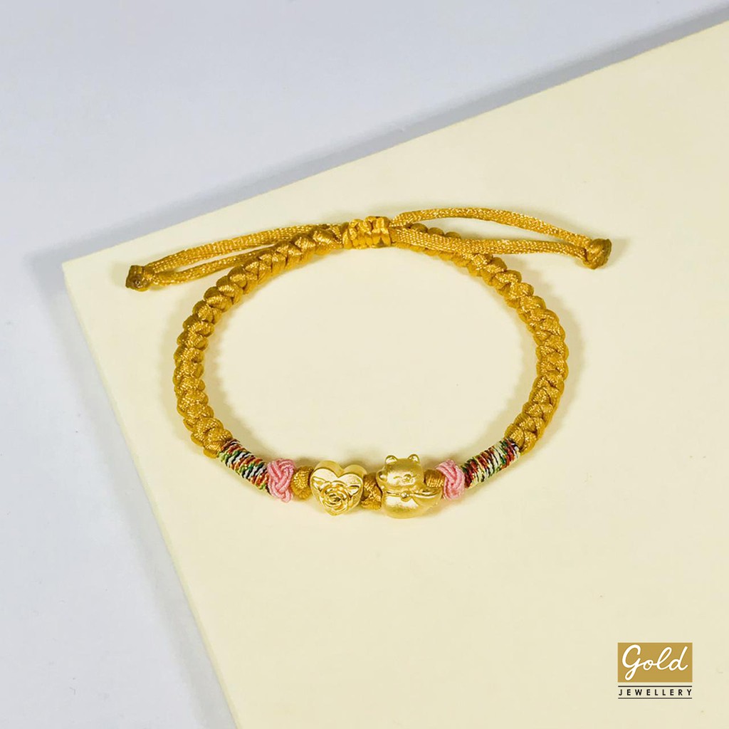 Gelang tali emas hongkong 24k 999 charm lucky cat heart tali kuning