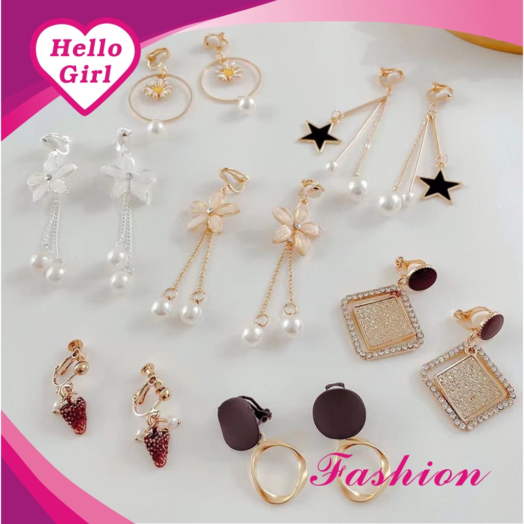 (Hello Girl)E01 Anting Wanita Jepit Dan Tusuk Korea Titanium Model Bunga Mutiara Import