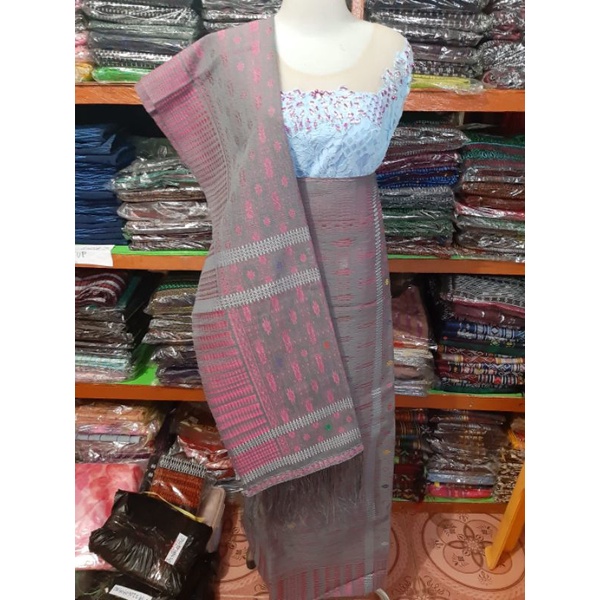 SIRAT KRISTAL - WARNA UNIK DASAR ABU CORAK PINK -  KAIN SONGKET PIALA KOSONG TENUN TANGAN TARUTUNG S