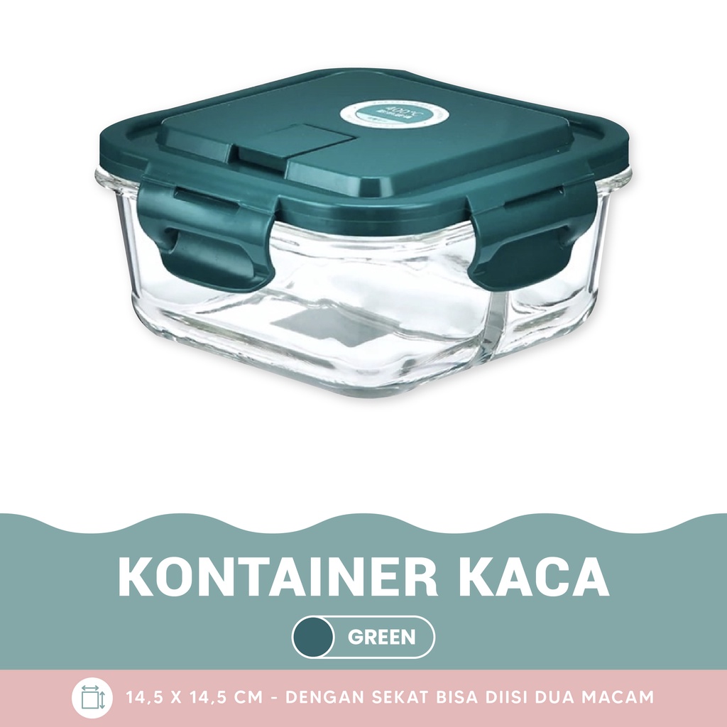 Kontainer Kaca Food Grade 2 sekat ukuran 14.5x14.5 untuk MPASI / Glass Baby Food Container 690ML / KOTAK MAKAN KACA MPASI