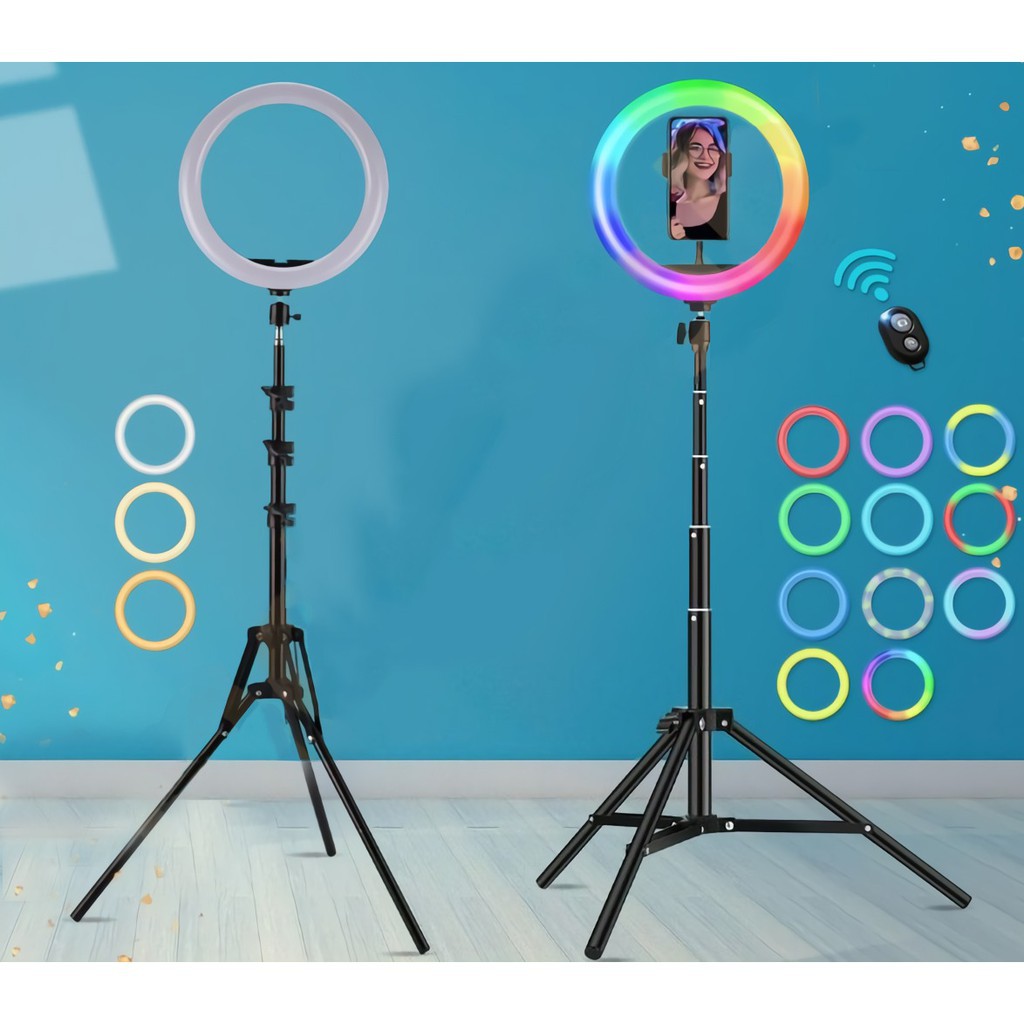 MurmerOfficial R224 RING LIGHT PAKET SUPER LENGKAP 26CM 33CM RGB+ HPHOLDER + TRIPOD 1,6M&amp;2,1M