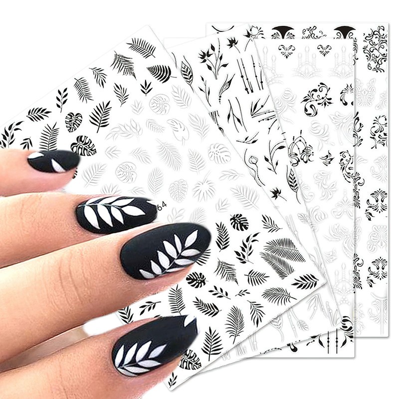 1 Lembar / Pak Stiker Kuku Foil Transfer Air Motif Bunga / Daun Stiker renda hitam dan putih Prancis Untuk Nail Art