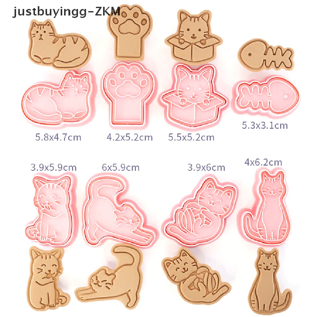 8pcs / set Cetakan Pemotong Kue / Biskuit Bentuk Kartun Hewan Kucing 3D Bahan Plastik Model Tekan Untuk Dapur