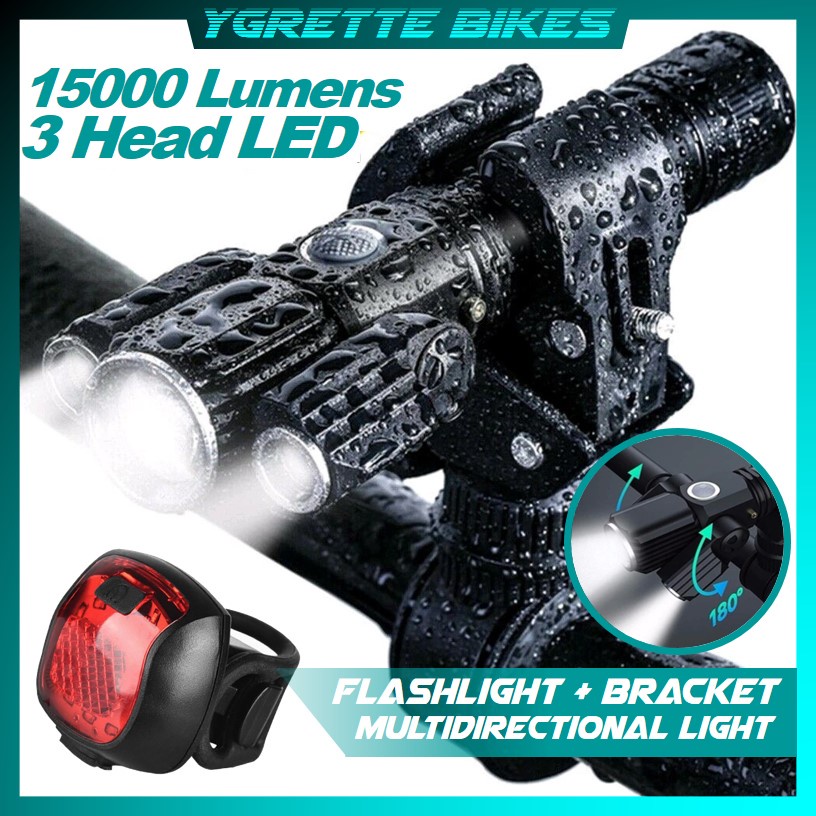 YGRETTE - BICYCLE FLASHLIGHT TaffLED Senter LED Rotating Zoom Cree XM-L T6 + 2 x XPE 15000 Lumens LAMPU SEPEDA DEPAN BELAKANG