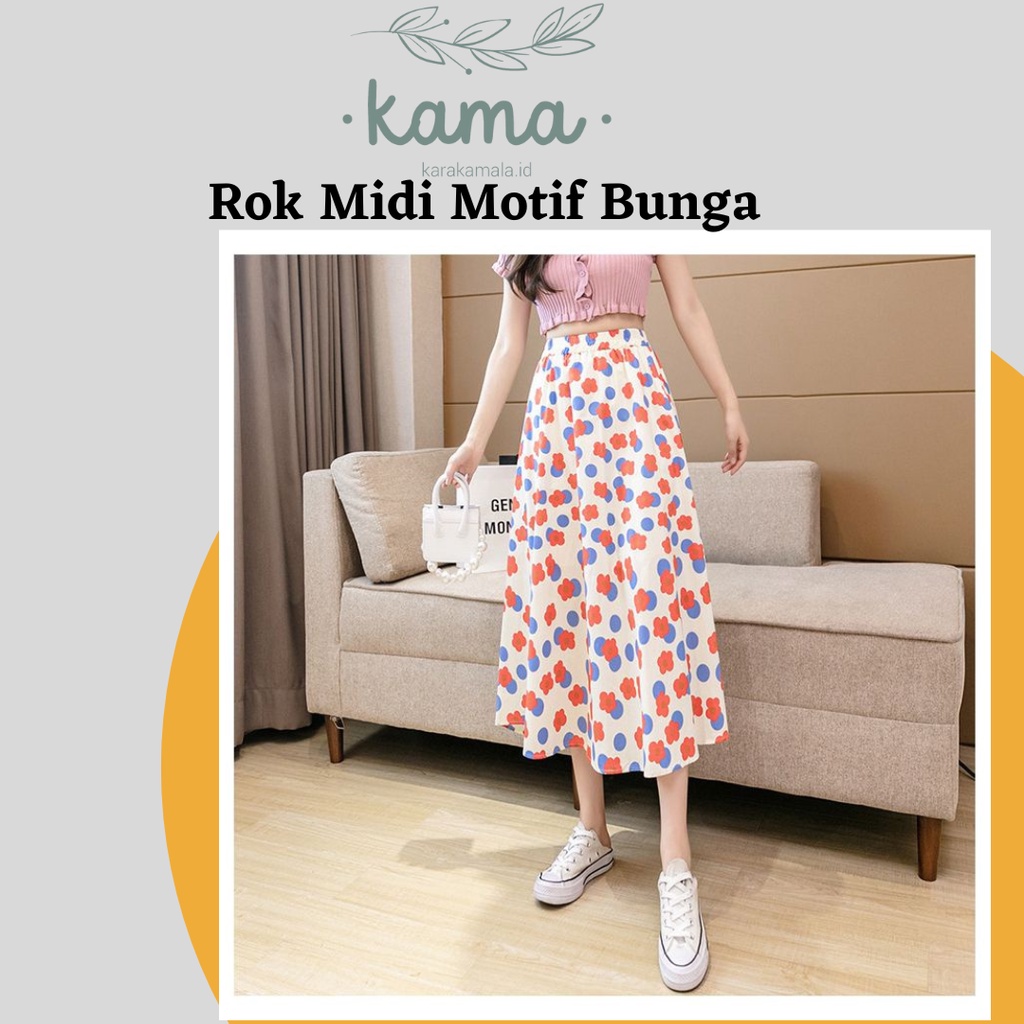 Rok Midi Rok Selutut Wanita Impor style korea pinggang karet motif bunga