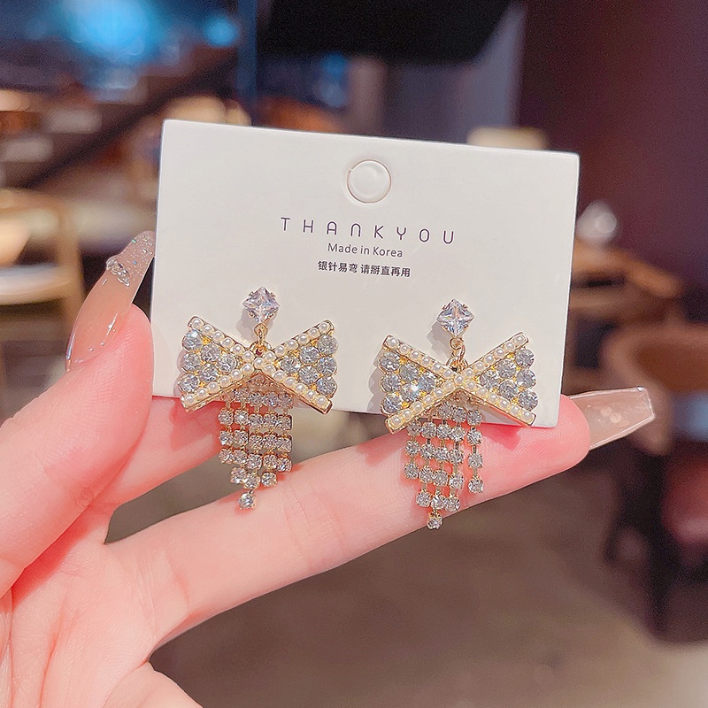 Anting Tusuk Sterling Silver 925 Desain Pita Hias Mutiara + Berlian Untuk Wanita