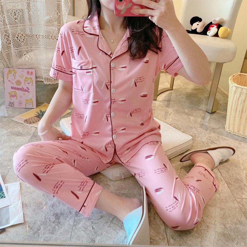 BAJU TIDUR PIYAMA SET KEMEJA CP LENGAN PENDEK CELANA PANJANG IMPORT PREMIUM BANYAK MOTIF PART 2-Feather