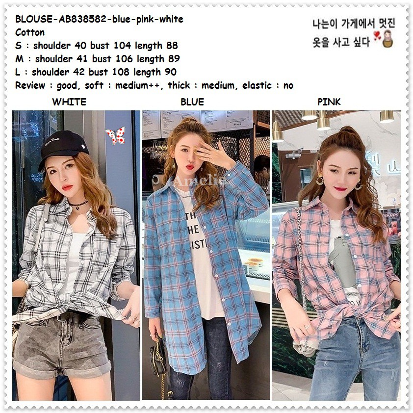 AB838582 Baju Atasan Kemeja Kotak Wanita Korea Import Putih Pink Biru