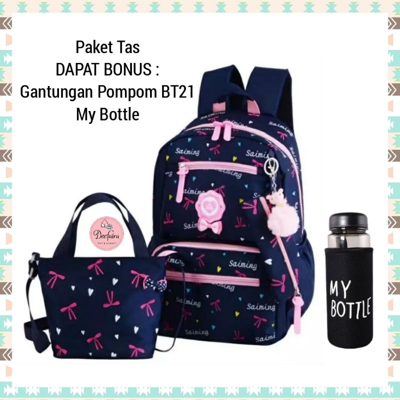 Paket Tas Sekolah Anak Perempuan Ransel Wanita Bonus Gantungan BT21 dan Mybottle