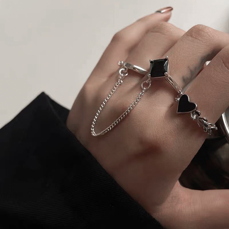 YEEZII Set Cincin Rantai Berlian Permata Hitam Model Terbuka Dapat Disesuaikan Gaya Retro Untuk Wanita