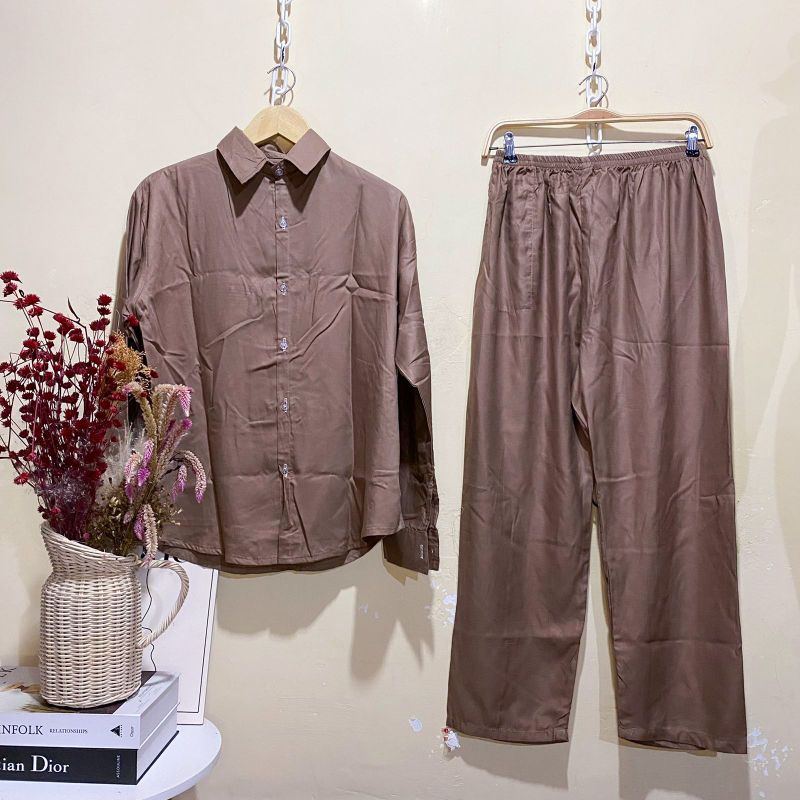 ONE SET RAYON FULL KANCING (PILIH MOTIF) / PIYAMA RAYON WANITA MURAH / PAJAMAS BUSUI / DAILY SET-KC Coklat