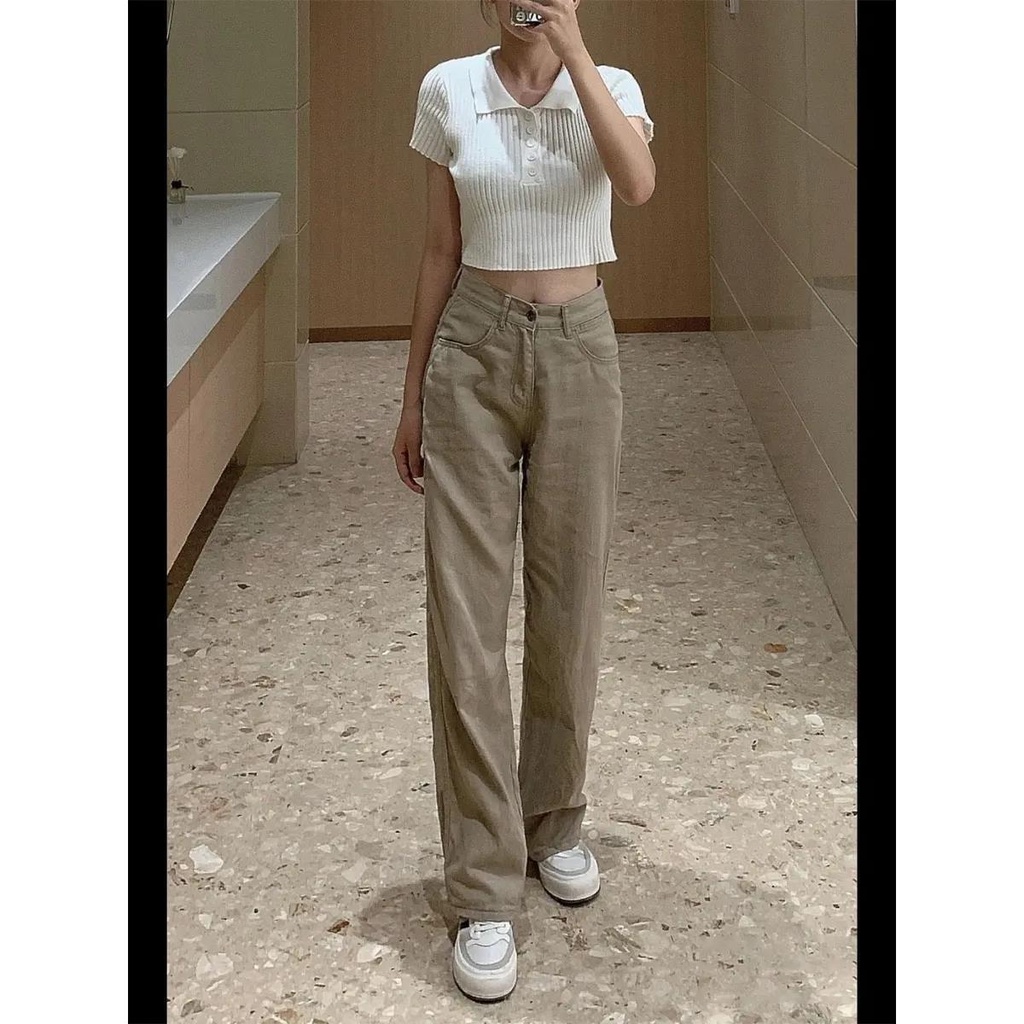 Korean style straight leg  loose new light khaki  jeans