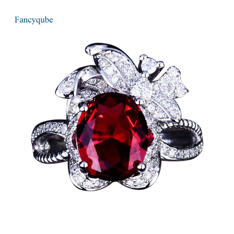 Fancyqube Cincin Zircon Ruby Merah Bahan 925 Silver Gaya Klasik Romance