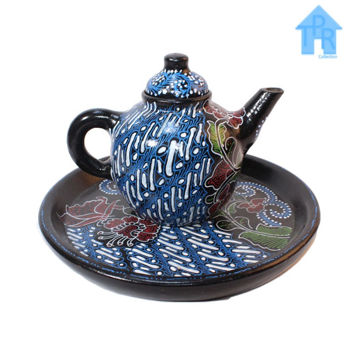 Gerabah Tea Set Premium - Poci Batik Tulis - Motif Spiral Bunga B