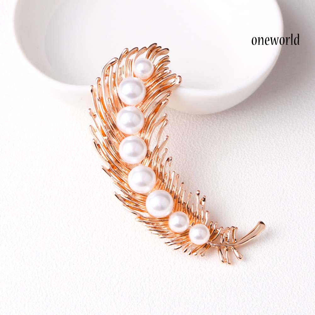 OW@ Elegant Women Faux Pearl Inlaid Feather Shape Brooch Pin Corsage Scarf Accessory