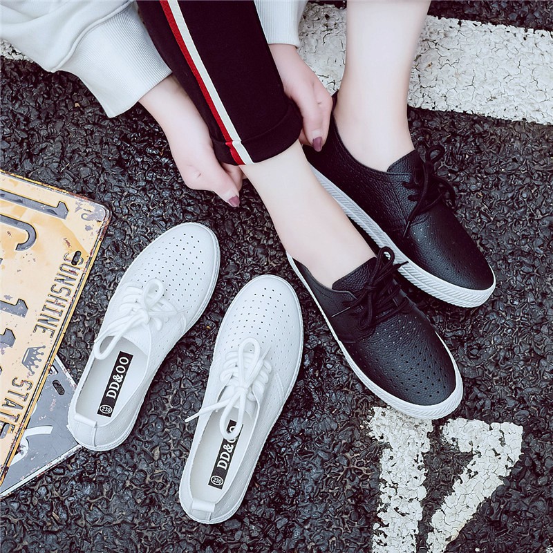  Sepatu  Sneakers  Wanita  Model Korea Lace  up  Bahan Kulit 
