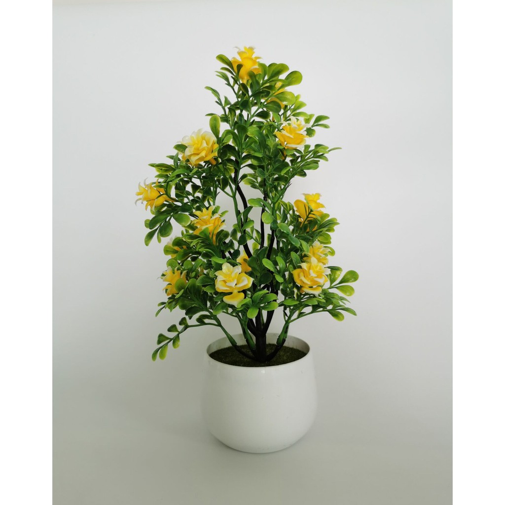 Tanaman Plastik Milan Rose Bunga Plastik Pot Ornamen-Kuning