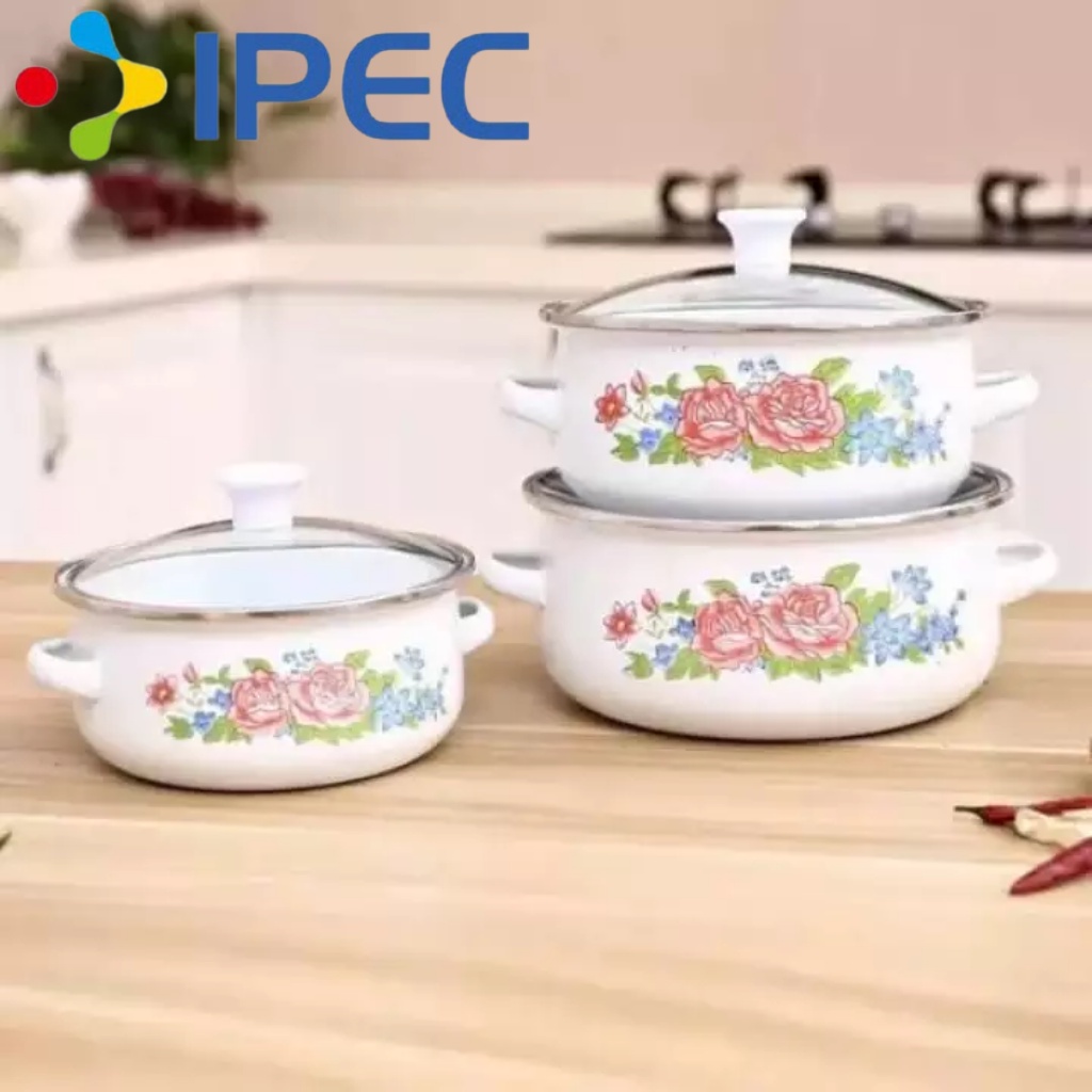 PANCI SET Panci ENAMEL 3 SUSUN MOTIF BUNGA + TUTUP KACA 16 18 20 cm 1618