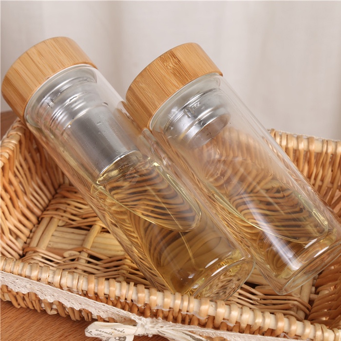 Infused Water Bottle Botol Tumbler Saringan Teh Stainless Tempat Minum Aesthetic Botol Minum Kaca Tutup Bambu