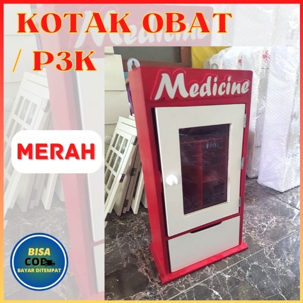 Kotak Obat Kayu Warna Merah Kotak Obat P3K Dinding Tempat Penyimpanan Serbaguna Pemanis Dekorasi Rua
