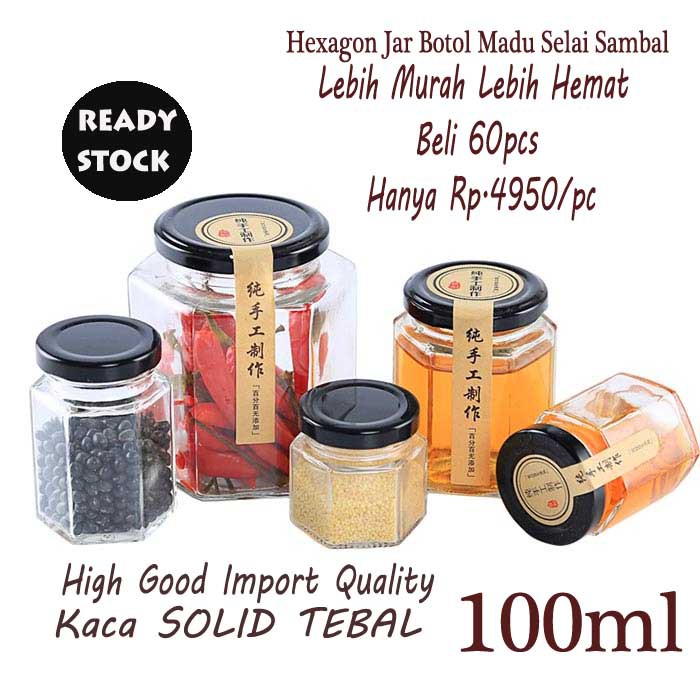 Toples Kaca Makanan 100ml Jar Kaca Hexagon Tutup Kaleng Botol Madu Botol Sambel Botol Bumbu 100 gram