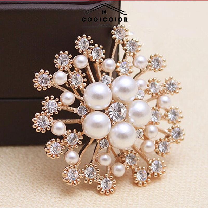 COD❤️ Bros Mutiara Kepingan Salju Pin Bunga Berlian Imitasi Fashion Wanita Pakaian Pin Aksesoris Wanita Fashion Mewah Korea