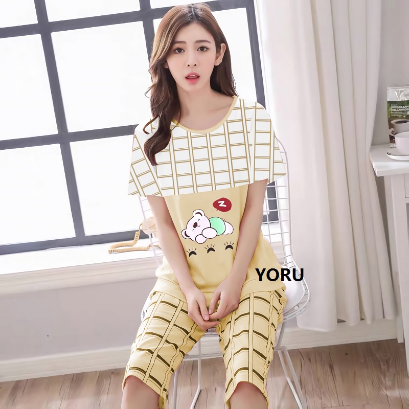Pamelo.id Stelan C3/4 Baby Doll / Suplier Sleep Wear / Baju Tidur Wanita kaos Katun / Stelan Baju Tidur Murah Produk Terlaris Set HP-Bear zzZ Yelow